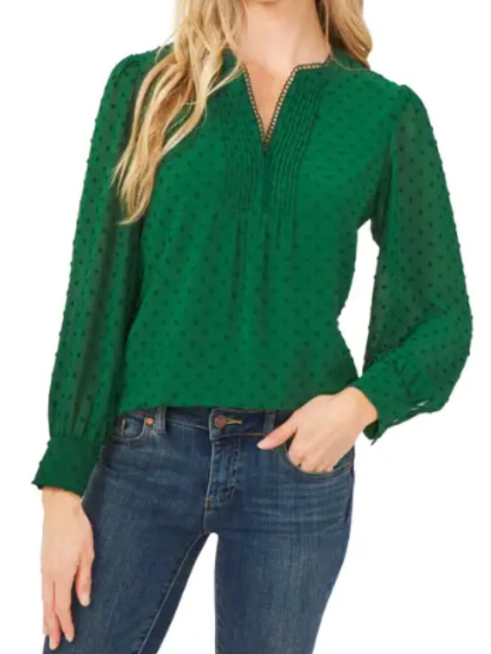 CeCe Long sleeve Clip Top V-Neck Blouse in Alpine Green Size L Swiss Dot Top